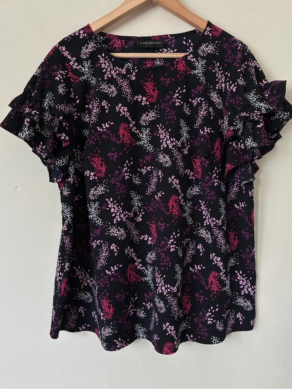 Lane Bryant Pink Purple Floral Ruffle Sleeve Blouse Top Size 16 Black Sprig